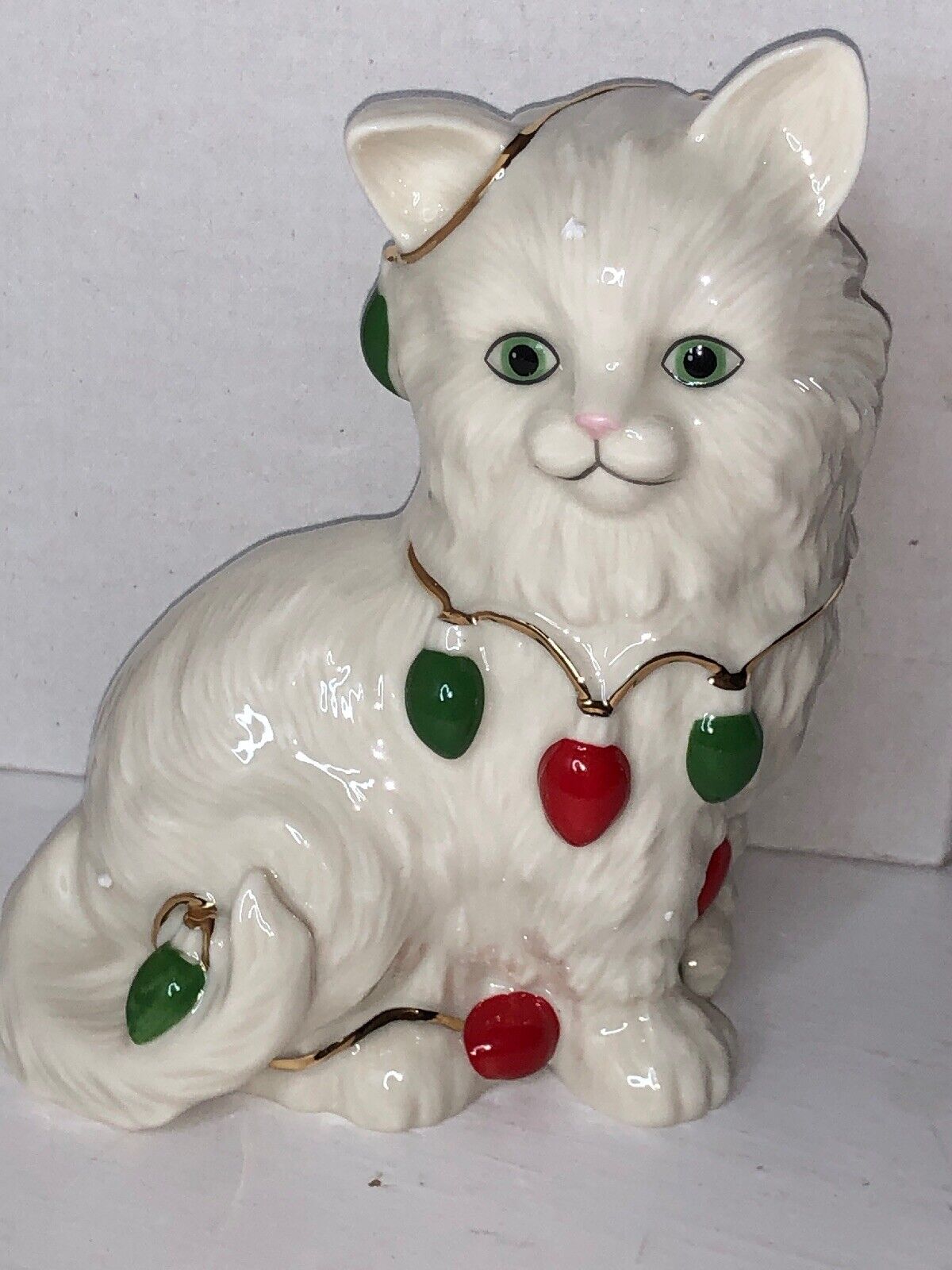 Lovely Lenox Cat Figurine, Accented with Red and Green Christmas Lights