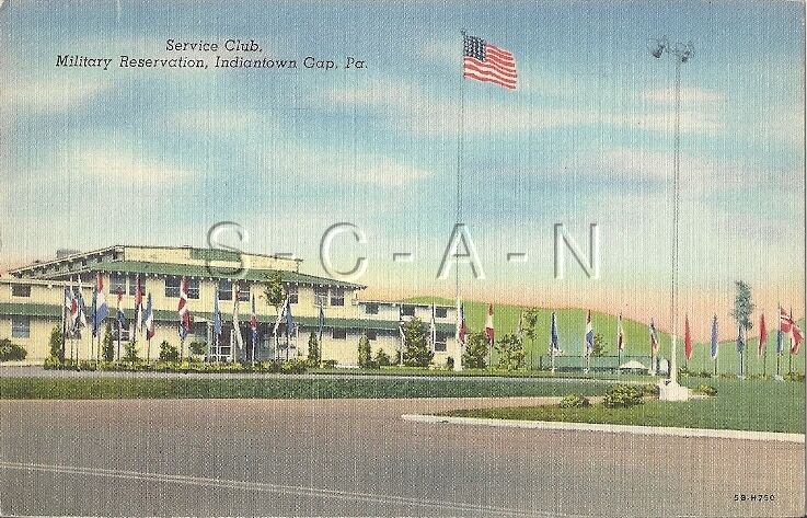WWII Original 1930s-45 Linen PC- Fort Indiantown Gap PA- Service Club- Flag Pole