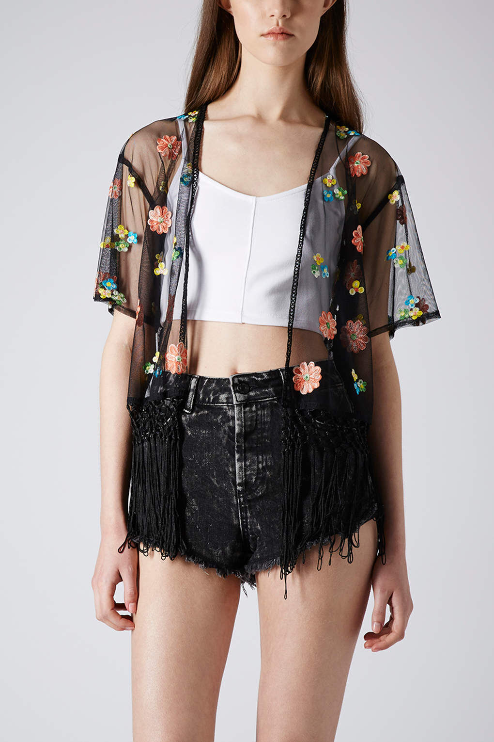 NEW TOPSHOP Embroidered Floral Kimono Fringe TOP BLOUSE Sz S/M BLACK SOLD OUT