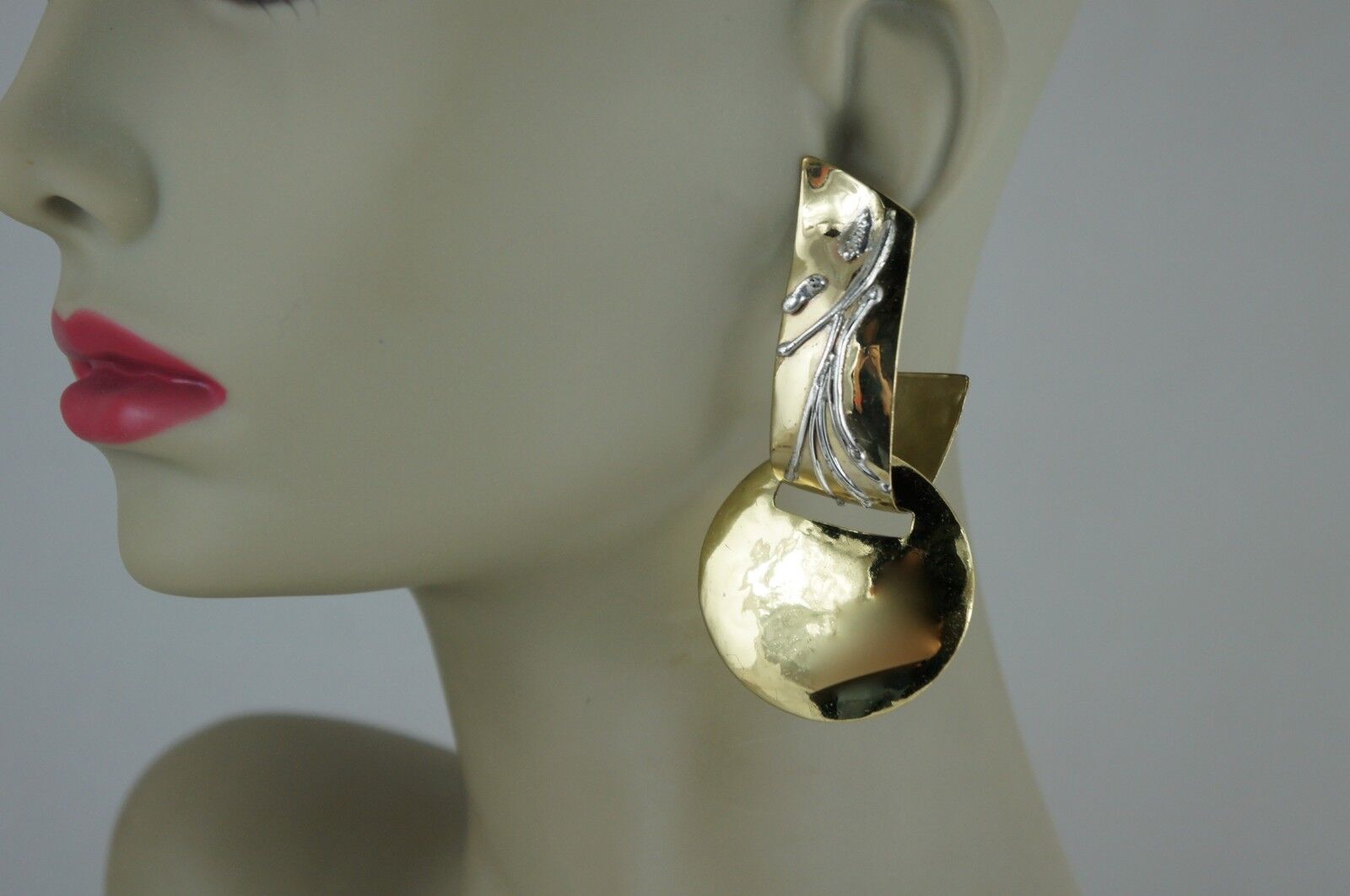 SILVER & BRASS MIX METALS MODERNIST POST EARRINGS SIGNED RUTH ROSENFELD