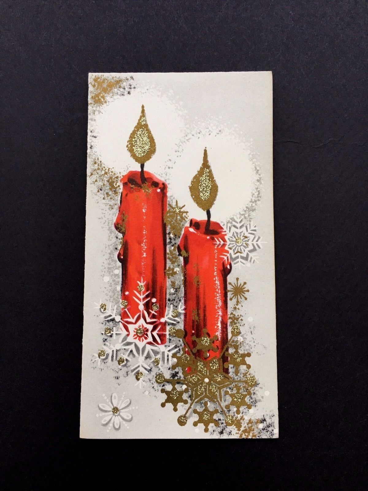 Vintage Unused Glitter Xmas Greeting Card 2 Lovely Red Holiday Lit Candles
