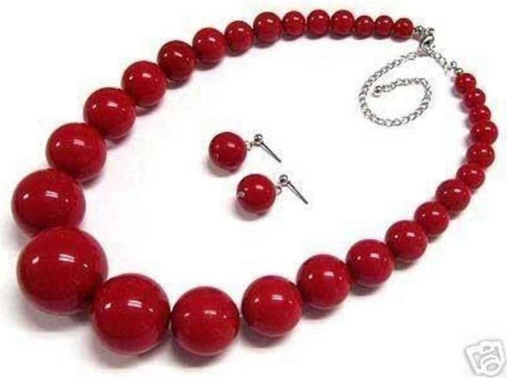 Beautiful 6-14mm Red Coral Round Beads Necklace Earring 18\