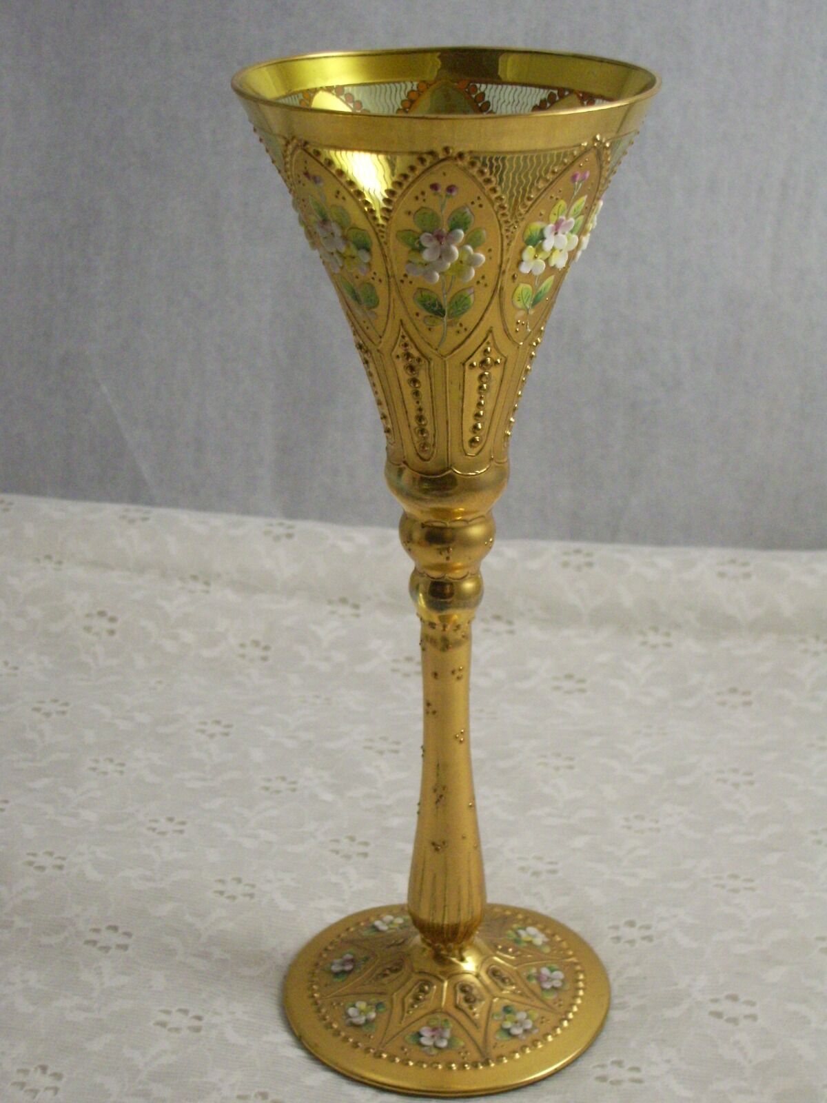 Antique Moser art glass goblet gold gilded beautiful flute shape