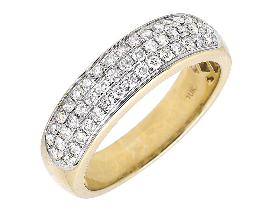 Solid 10K Yellow Gold Three Rows Pave Genuine Diamond Wedding Ring Band .90ct