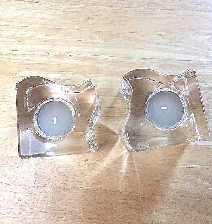 Pre-owned never used, 2 Orrefors Sweden Puzzle votive heavy glass candle holders