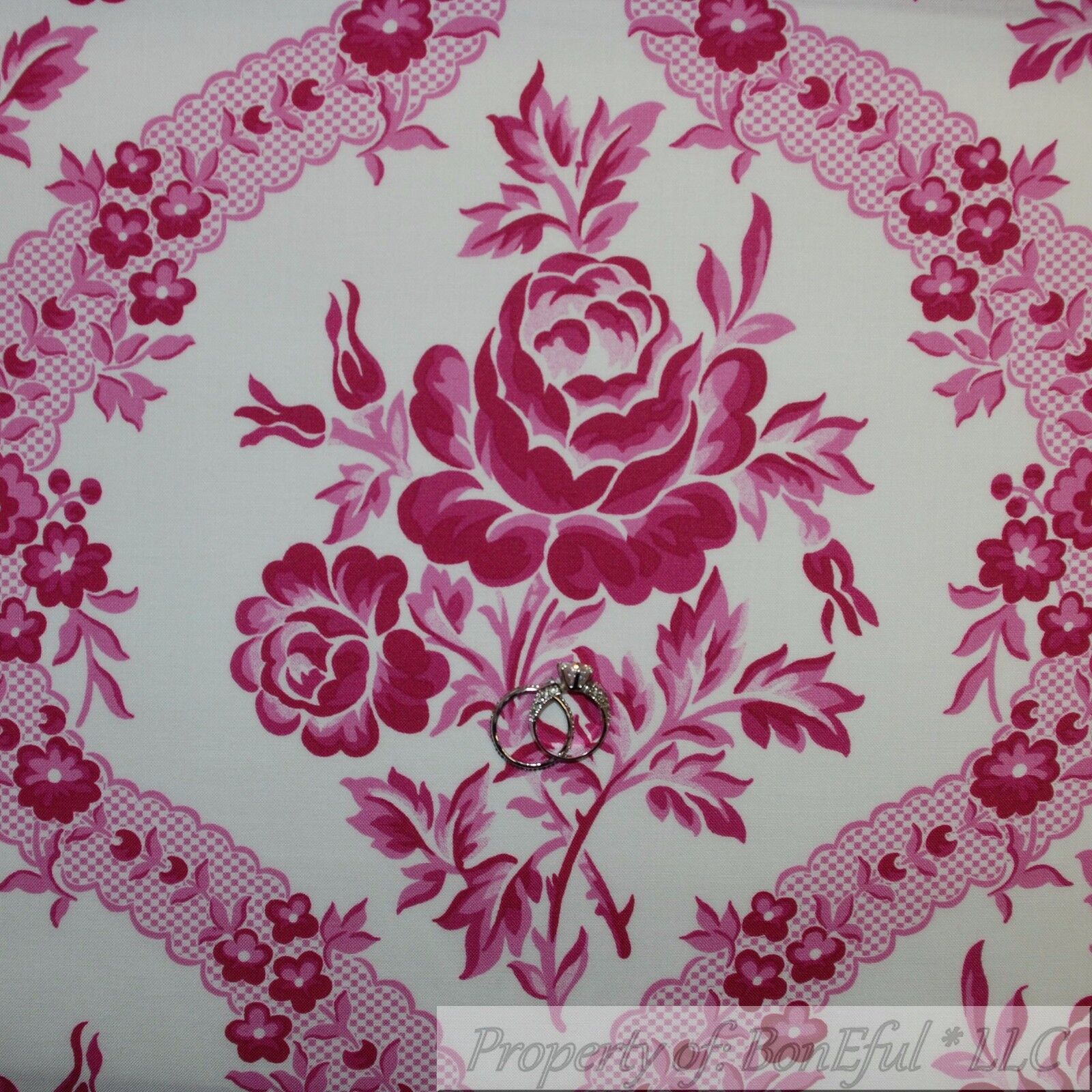 BonEful Fabric Cotton Quilt White Pink Flower Damask French Country Rose L SCRAP