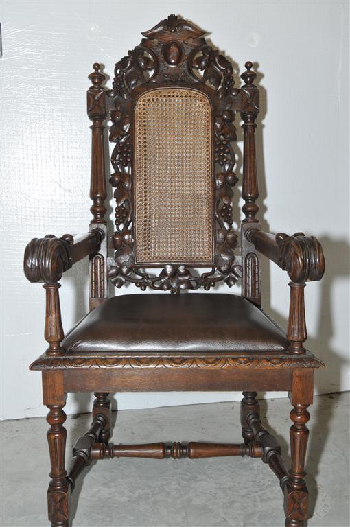 French Hunt Arm Chair, Antique 19th Century, Oak with Cane Back and Leather Seat