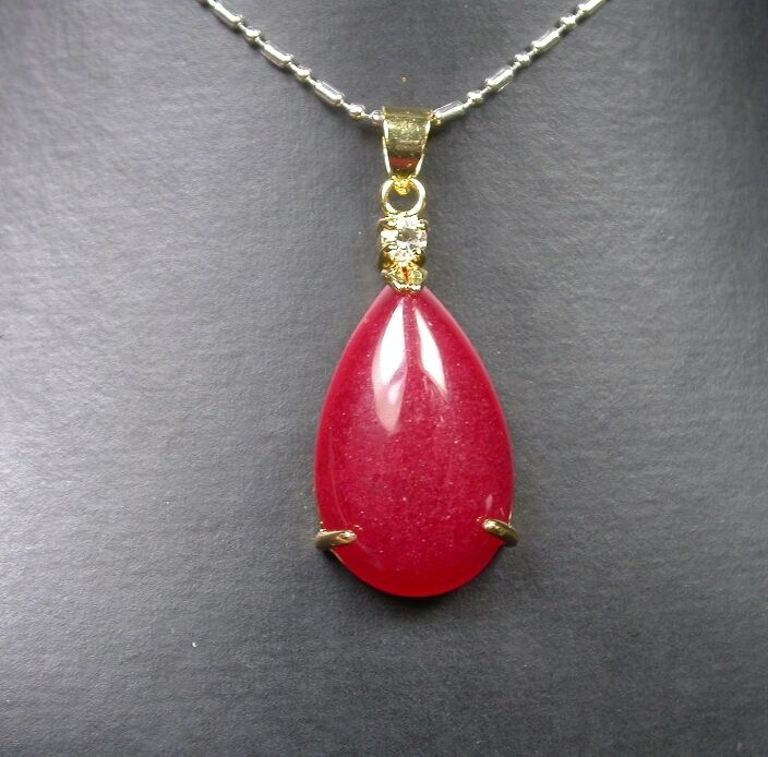Gold Plate CHINESE Red JADE Pendant Teardrop Necklace Diamond (Imitation) 255978