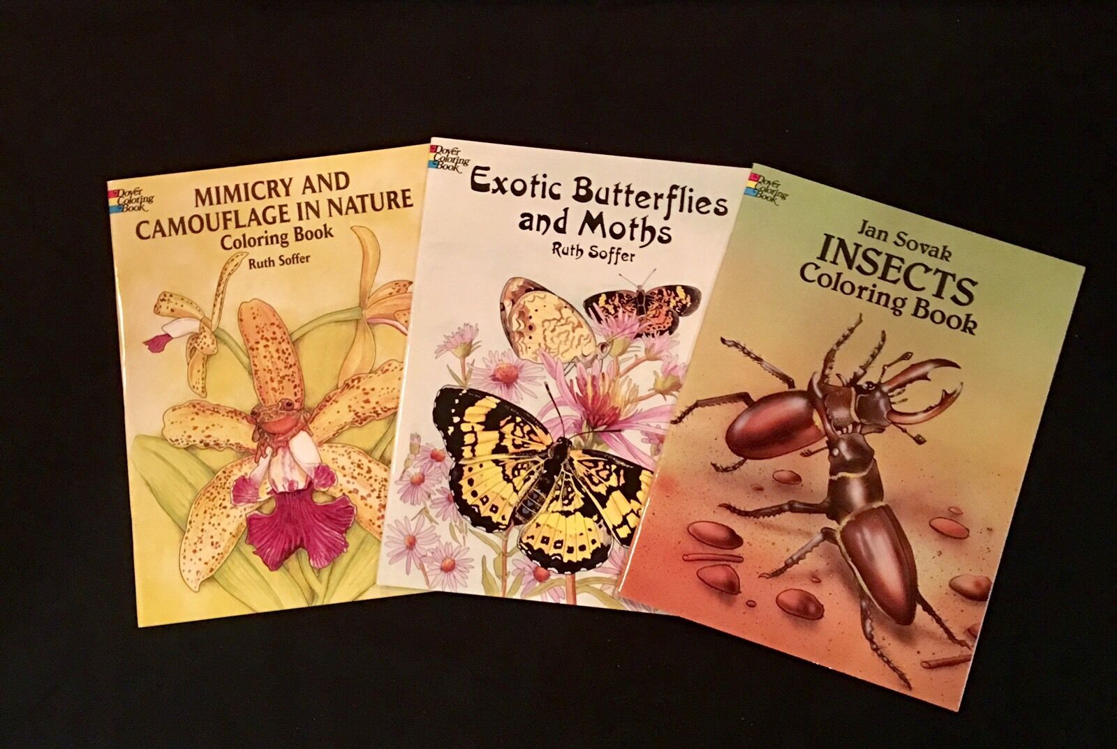 SET of THREE (3) COLORING BOOKS on Insects...Exotic Butterflies & Moths...Camouf