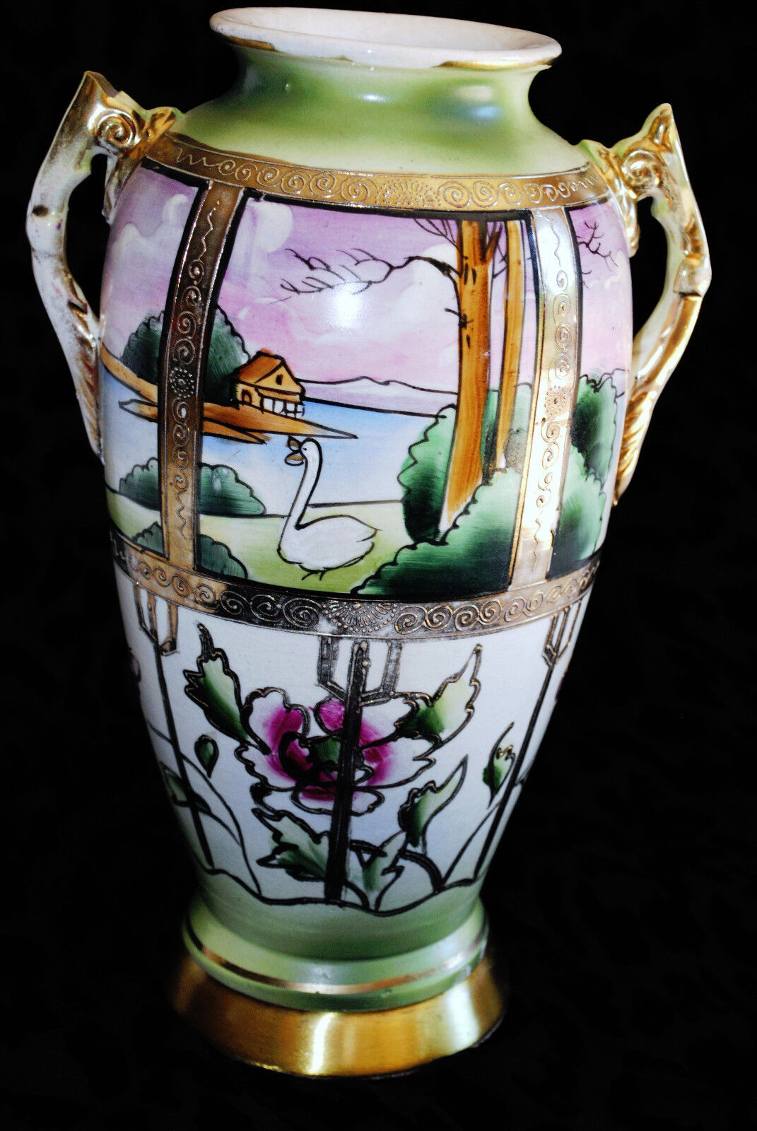 ANTIQUE JAPAN DOUBLE HANDLED VASE(s) SCENIC HAND PAINTED SCENE NIPPON  10\