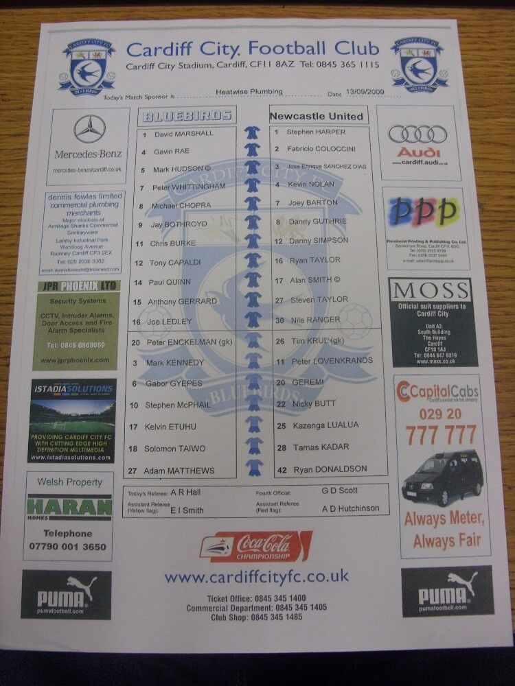 13/09/2009 Colour Teamsheet: Cardiff City v Newcastle United [Copy Of Original A