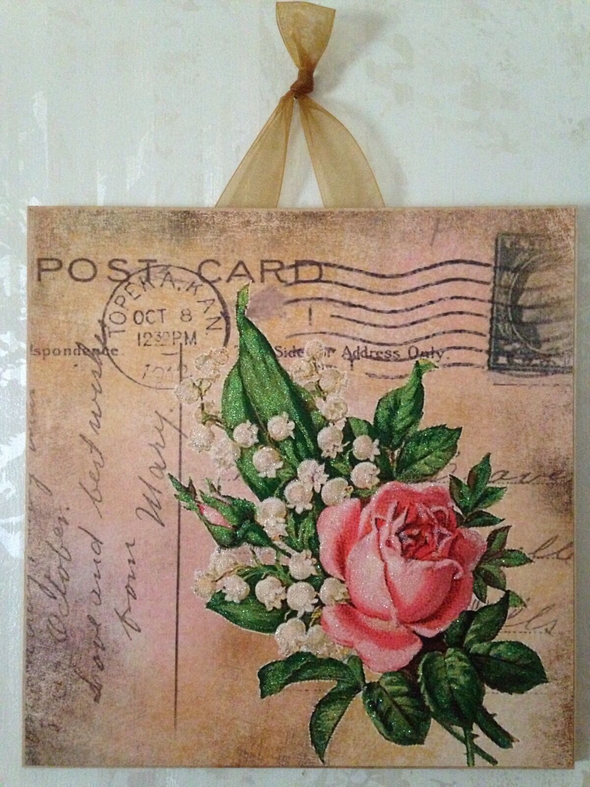 Vintage Shabby Gold Postcard w/ Rose Wall Decor Sign Plaque French Country Chic