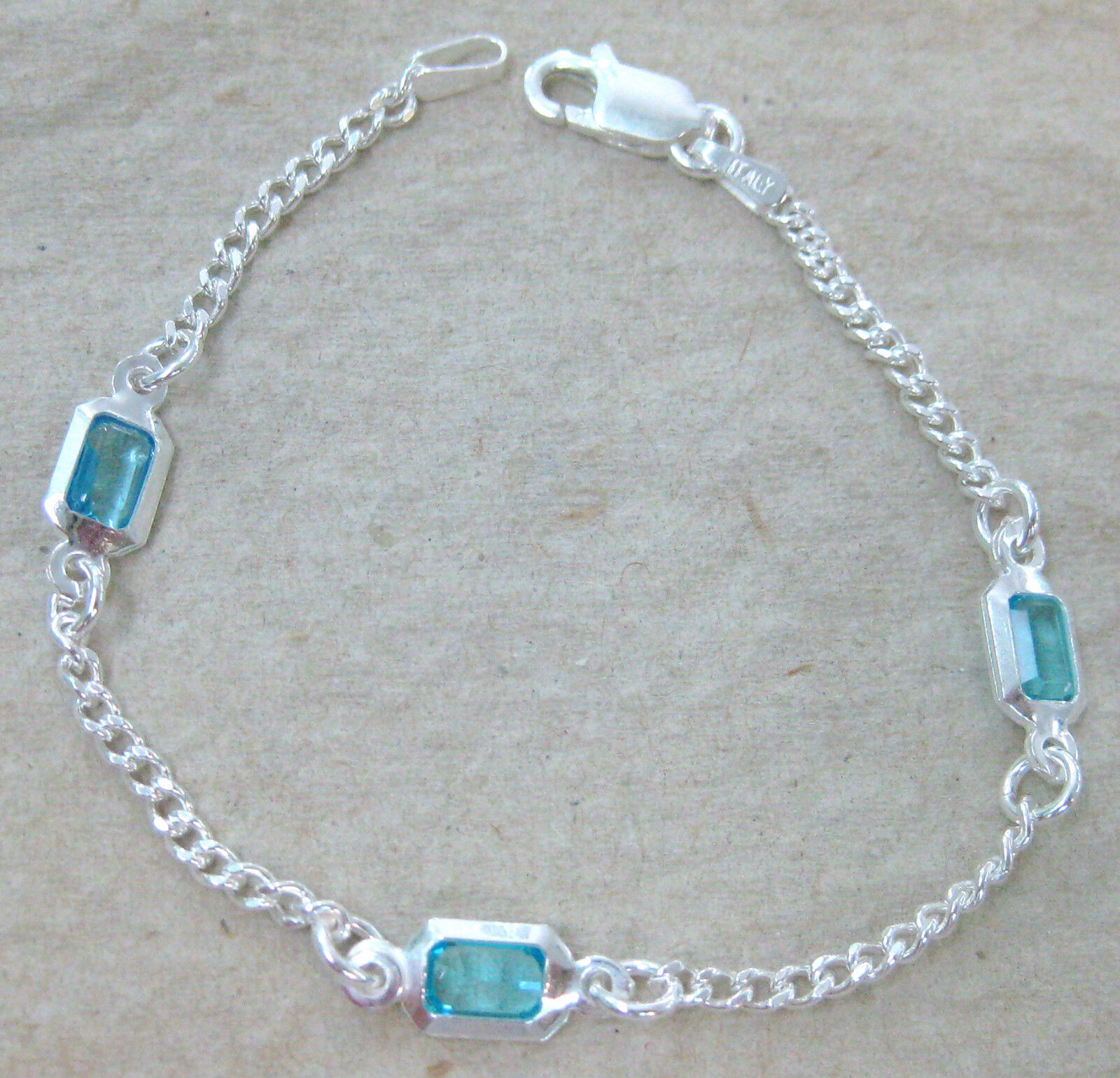 MADE IN ITALY 925 STERLING SILVER rectangle BLUE cz 13.5cm to 24cm BRACELET GIRL