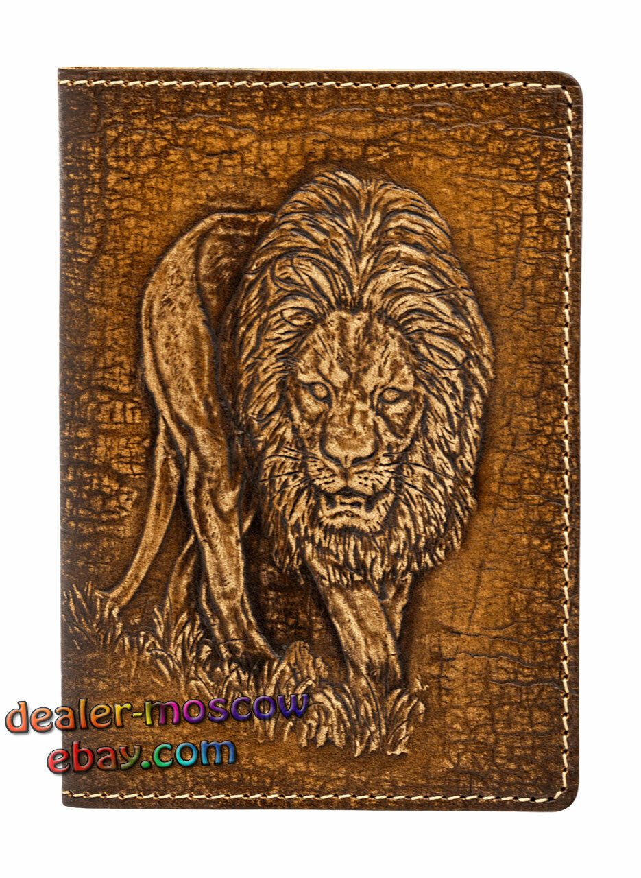 Genuine Leather Passport Holder Hostile Lion African Animals ID Document Cover