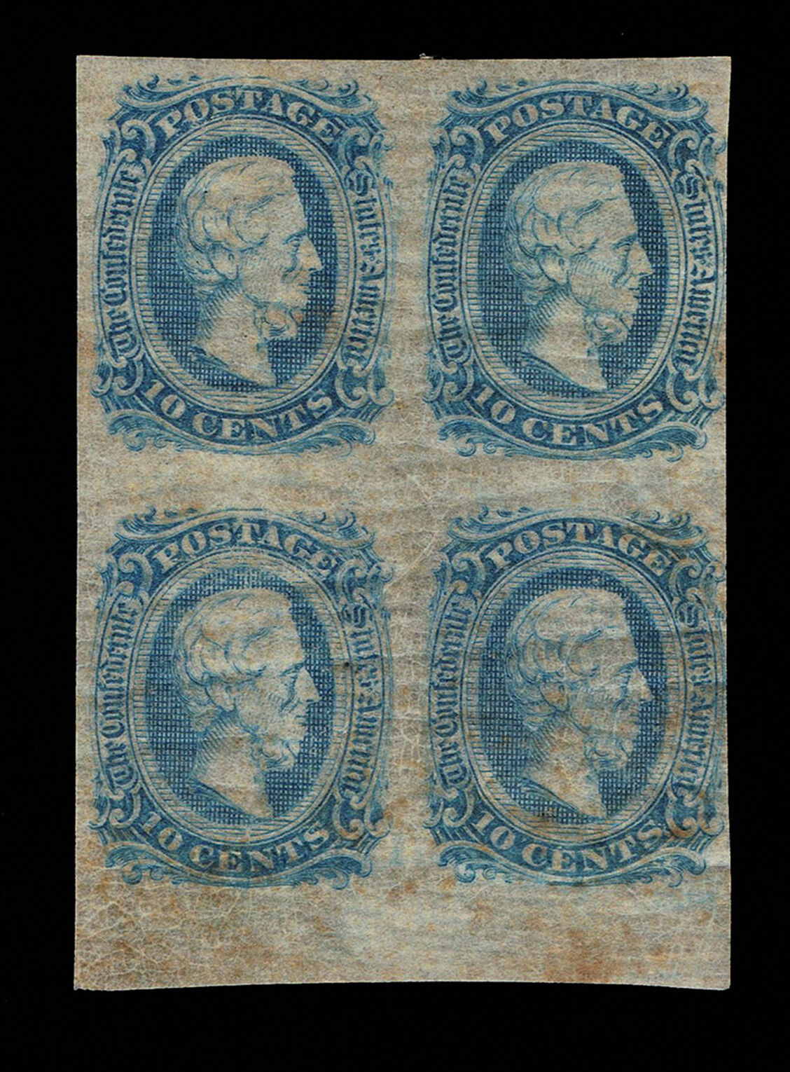 GENUINE CONFEDERATE CSA SCOTT #11 DIE-A BLUE 10¢ BLOCK OF 4 MINT NG THICK PAPER