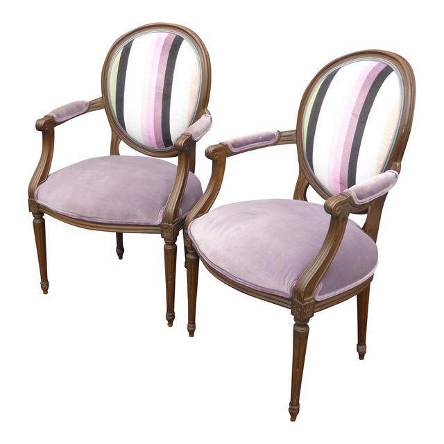 Pair of Vintage Baker Round Back French Provincial Purple Striped Arm Chairs 