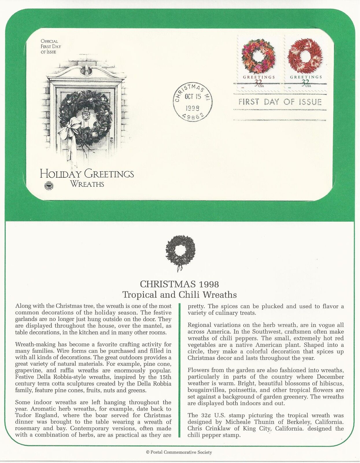 # 3247 & 3248 CHRISTMAS, WREATHS: CHILI PEPPERS & TROPICAL  1998 First Day Cover