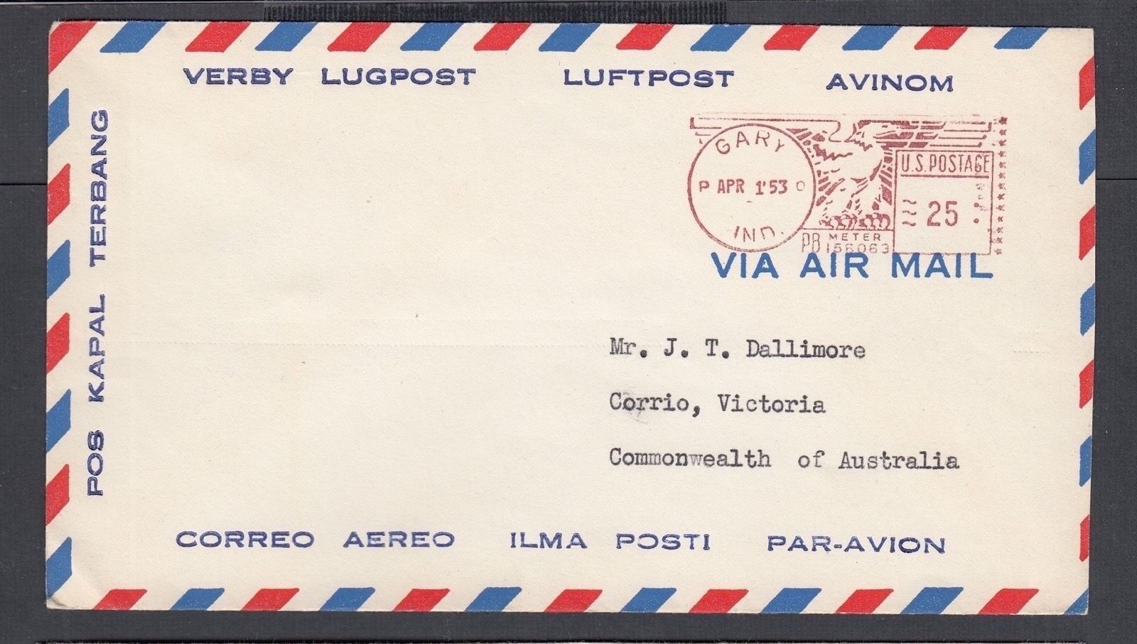 USA 1953 25C GARY INDIANA AIRMAIL METER COVER TO CORRIO VICTORIA AUSTRALIA 