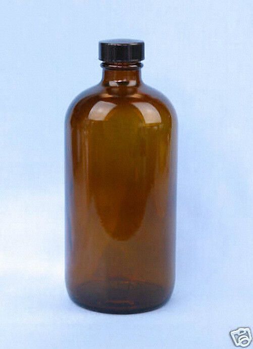 16 oz (480 ml) Boston Round AMBER Glass Bottles w/Caps (Lot of 6)