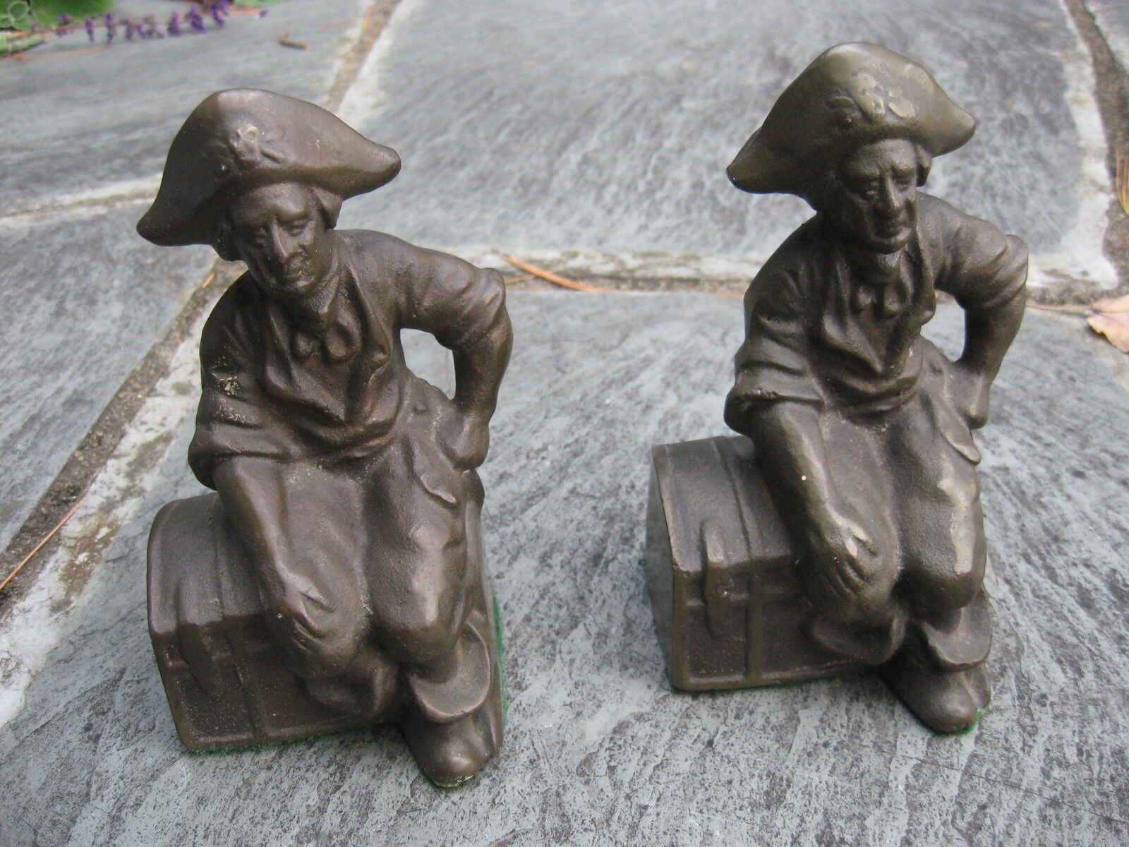 Pair Antique Hubley Bronzed Cast Iron Pirate Bookends-Seated on Treasure Chest