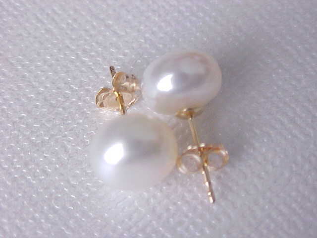 9.5MM AAA GENUINE WHITE PEARL STUD EARRINGS SOLID 14K YELLOW GOLD
