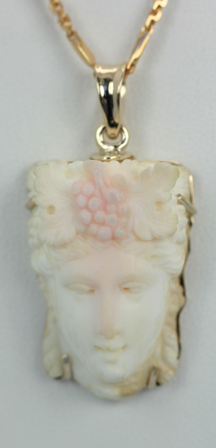 ANGEL SKIN CORAL EXQUISITE CARVING OF WOMENS FACE CIRCA 1840-1850 PENDANT 14K