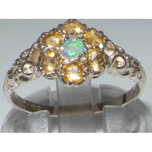Victorian Ladies Solid Sterling Silver Natural Fiery Opal & Citrine Daisy Ring