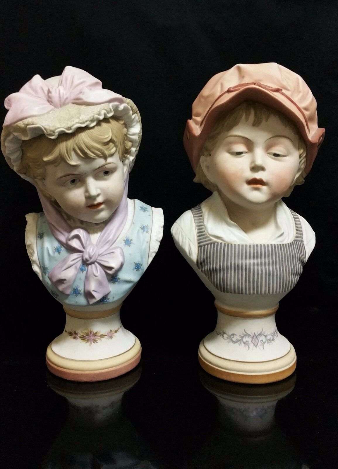 Vintage Antique Old Pair German Porcelain Bisque Victorian Busts Exquisite