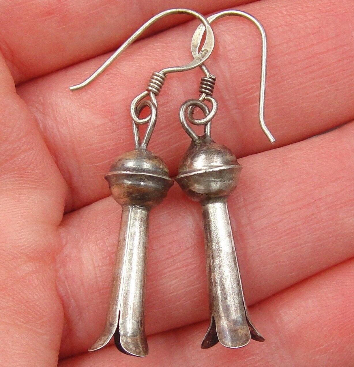 Classic SQUASH BLOSSOM Vintage Old Pawn SOLID STERLING Drop LONG DANGLE Earrings