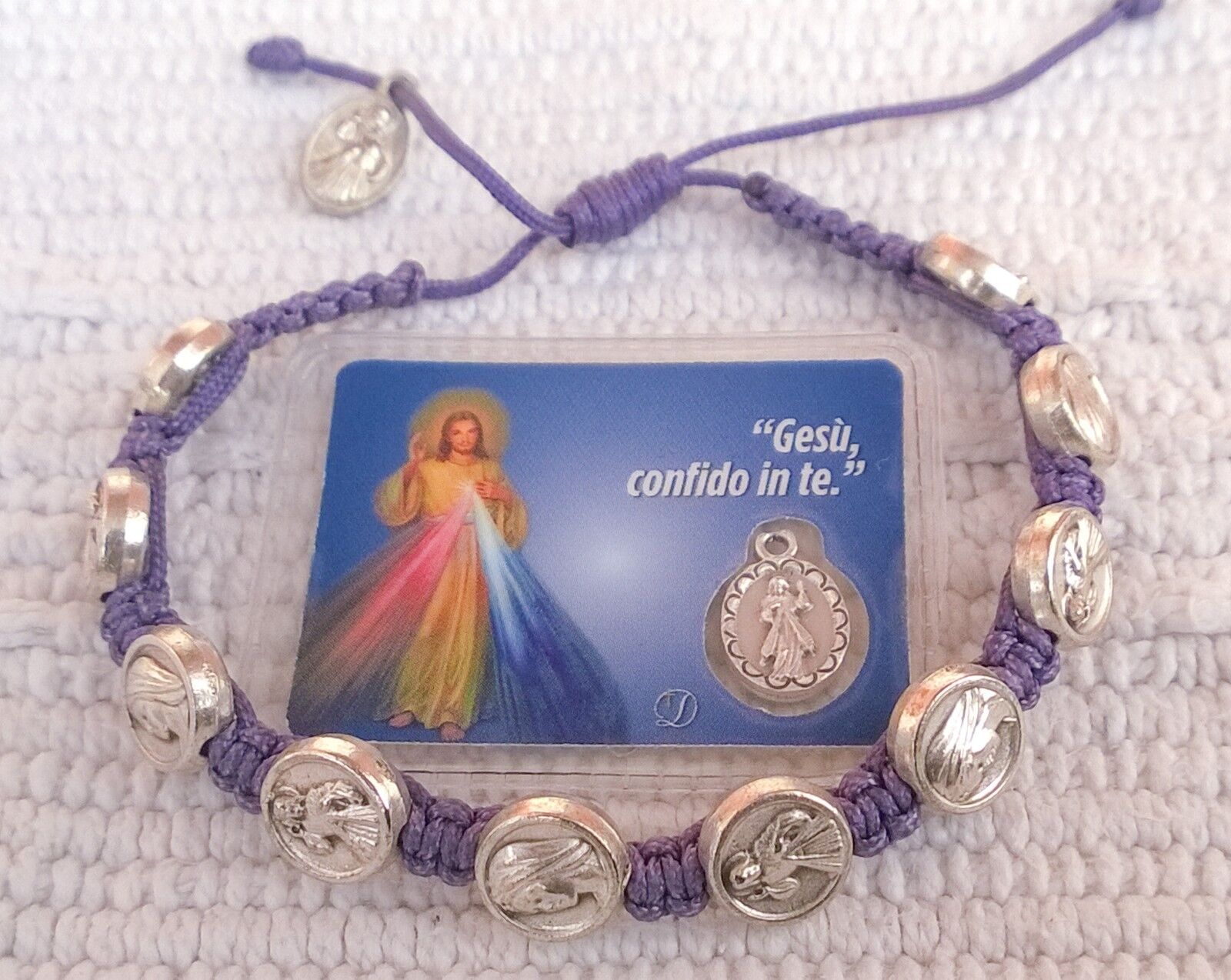 Medjugorje bracelet purple Catholic handmade bracelet Our Lady medal + Holy Card