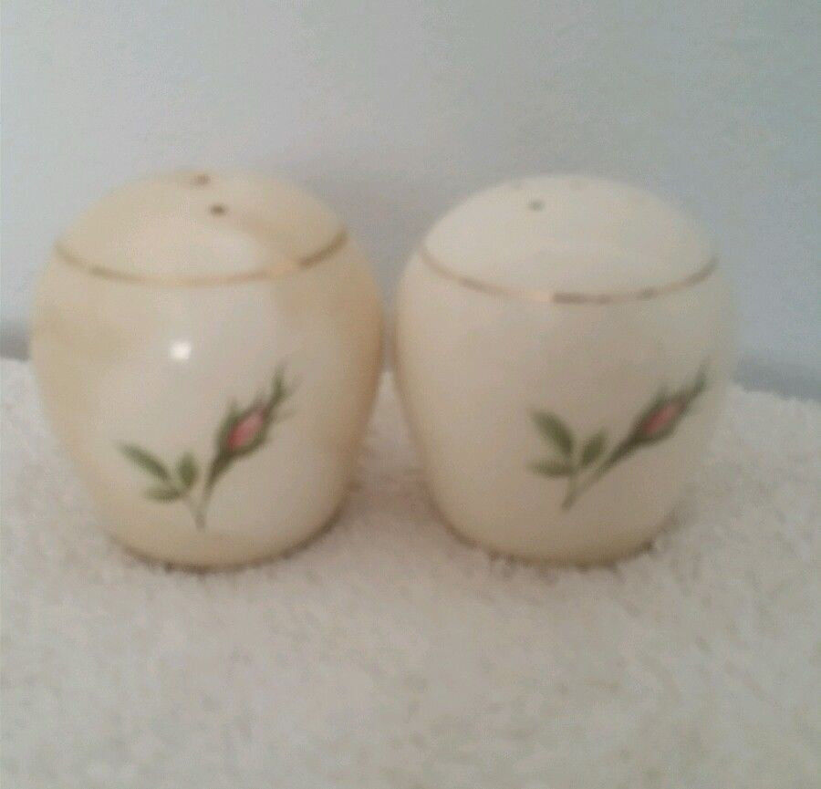 Vintage White Salt & Pepper Shakers with Pink Rose Bud and Gold Trim