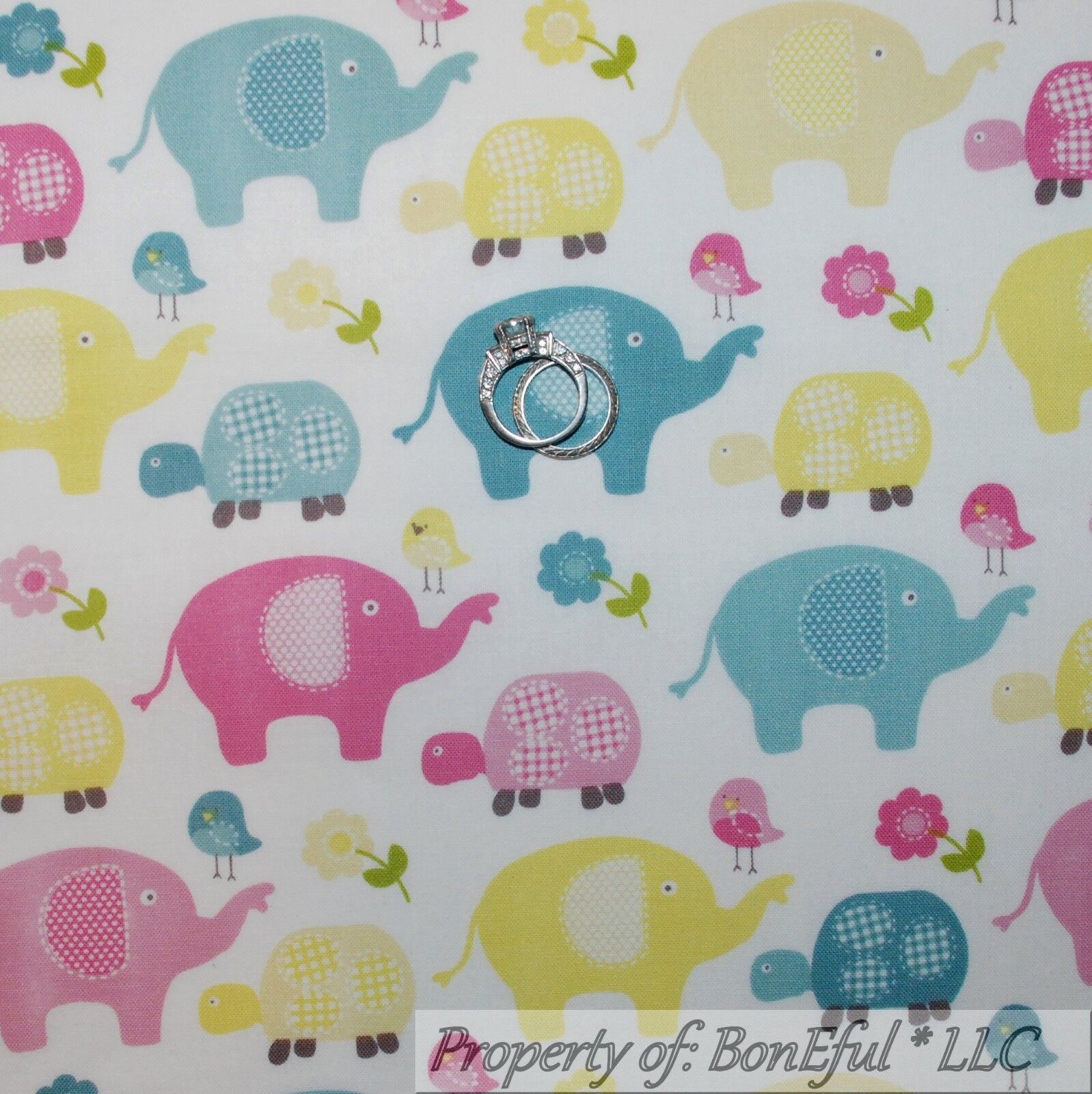 BonEful FABRIC Cotton Quilt Blue Pink Elephant Turtle Flower Bird VTG Baby SCRAP
