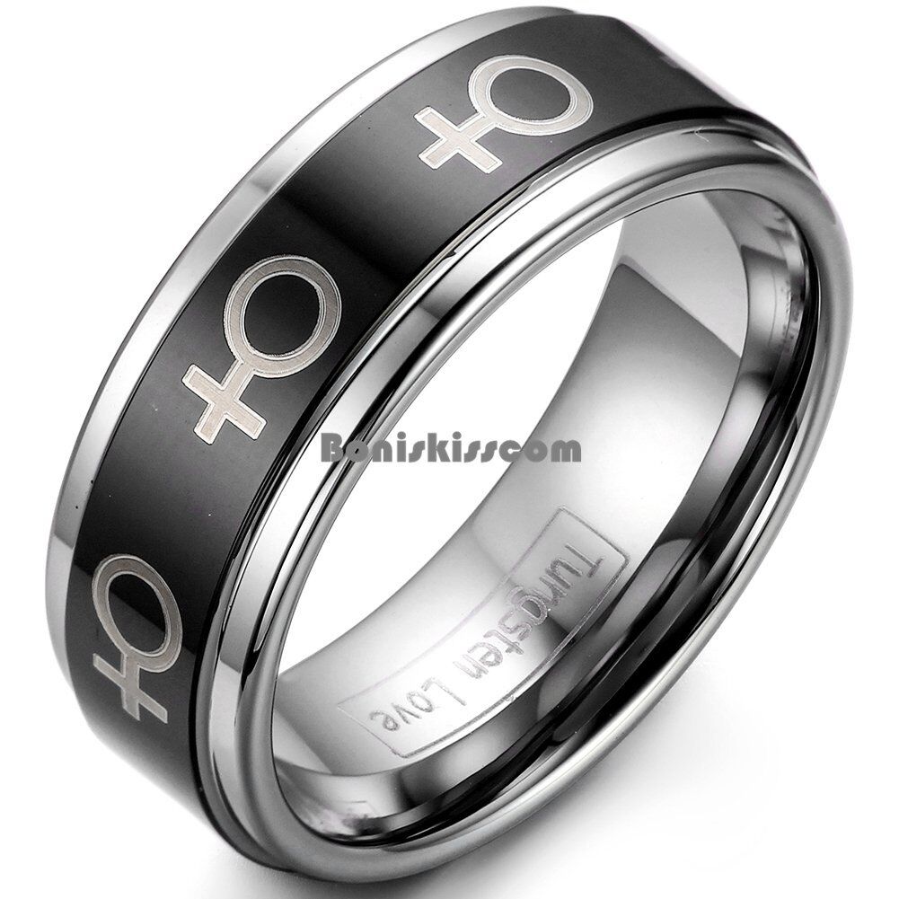 Black Ceramic Laser Etched Love Symbol Design Tungsten Carbide Ring Wedding Band
