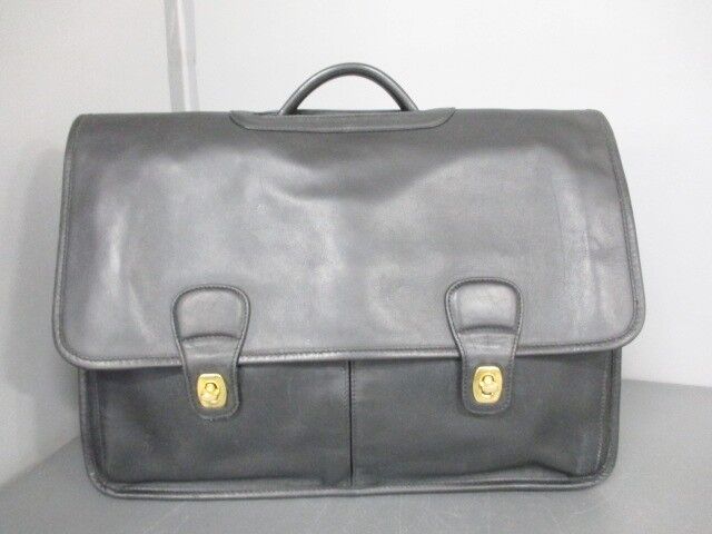 Auth COACH Glove Leather Diplomat Flap Briefcase 0532 Black Leather Nylon