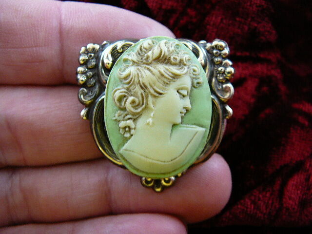 (CS25-6) Serious Woman light lime green + ivory CAMEO brass Pin Brooch Pendant