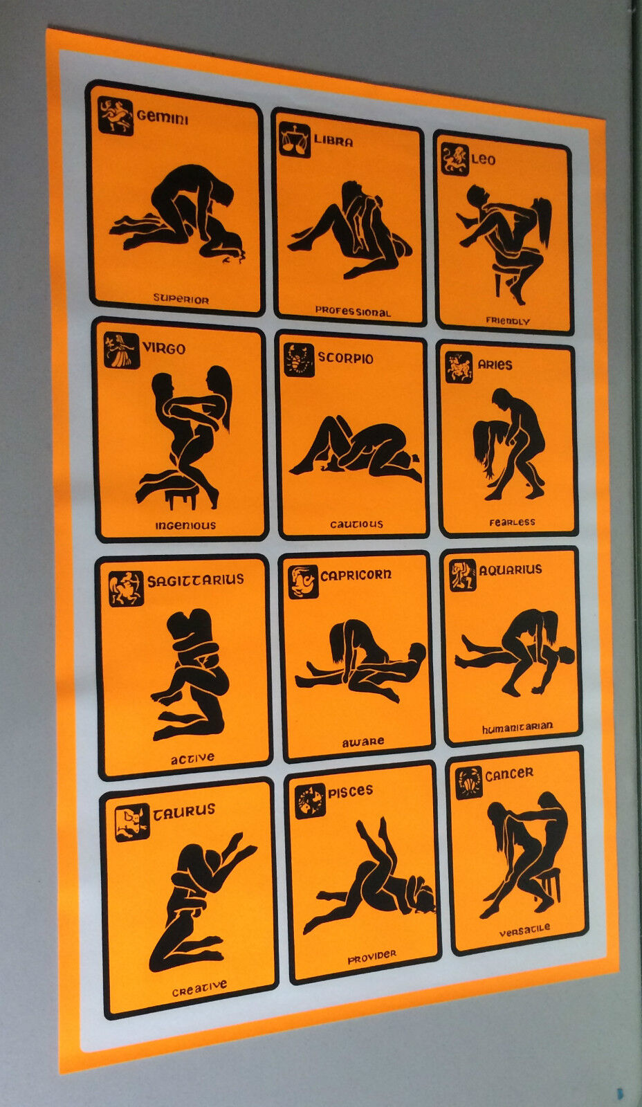 original vintage black light poster zodiac sign 12 sex positions man woman 1972