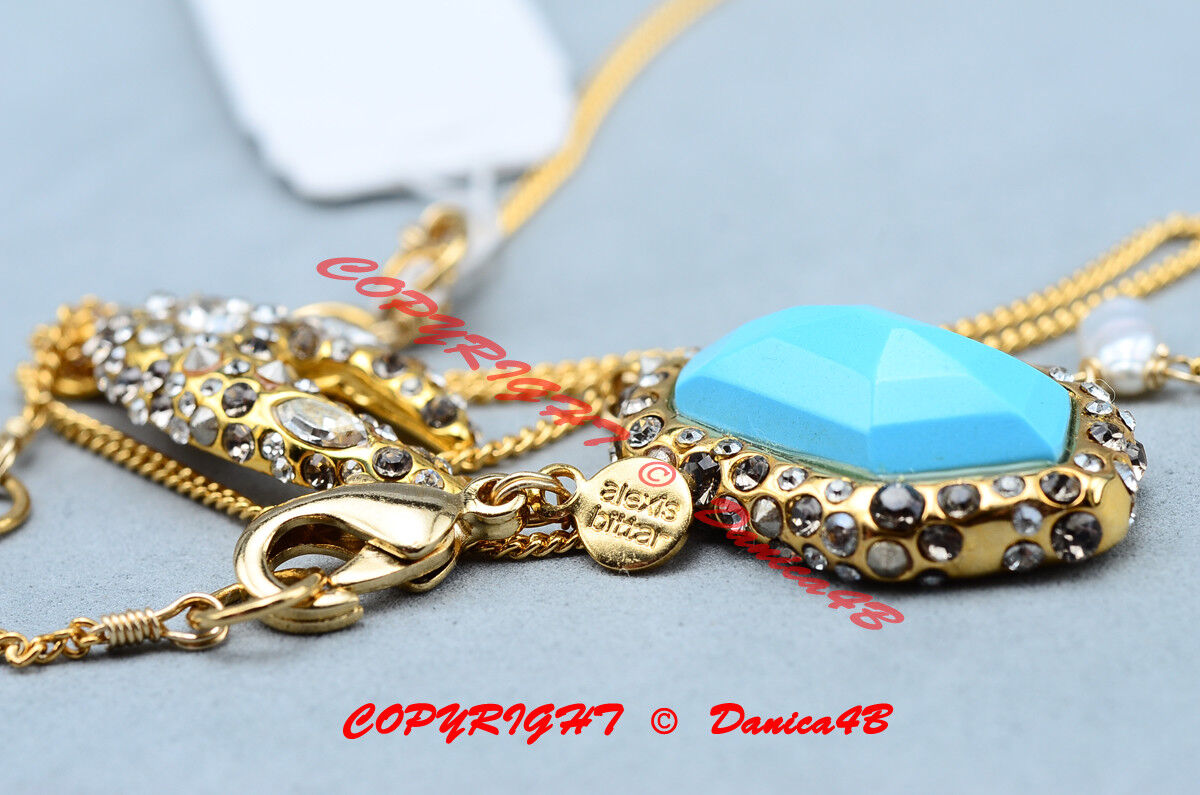 Alexis Bittar Turquoise Swarovski Crystal Gold Elements Short Pendant Necklace 