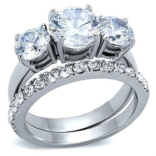 PLATINUM/STEEL ALLOY 3+3/4 CARAT SIMULATED MOISSANITE 2 MATCHED RINGS SET SIZE 5