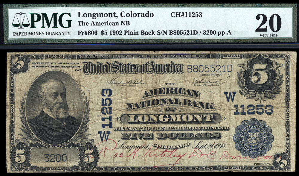 $5 1902 PB The American National Bank of Longmont, Colorado RARE ONLY 6 LARGE