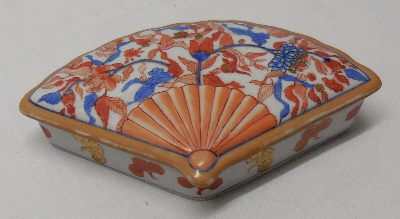 Porcelain Fan Trinket Dish Jewelry Box Vanity Orange Blue Gold Marked Vintage