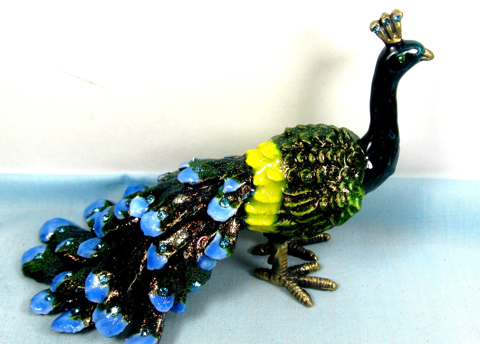 Peacock with long  feathered Plumage Jeweled Pewter  trinket or Jewelry Box