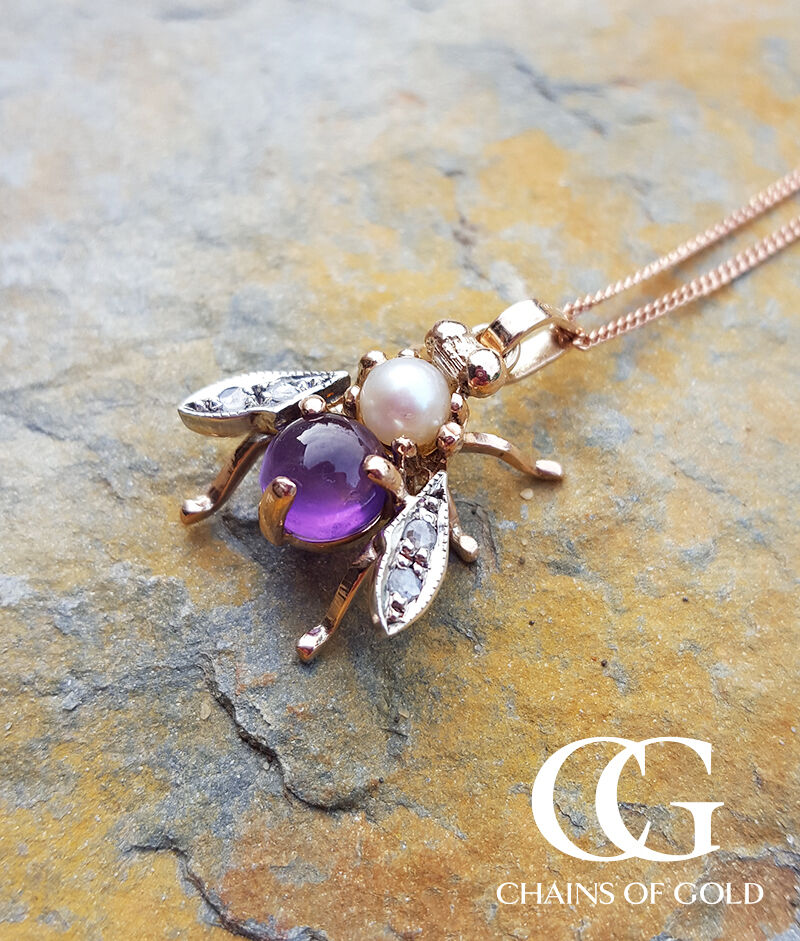Vintage Inspired 9ct Rose Gold, Diamond & Amethyst Bee Insect Pendant Necklace  
