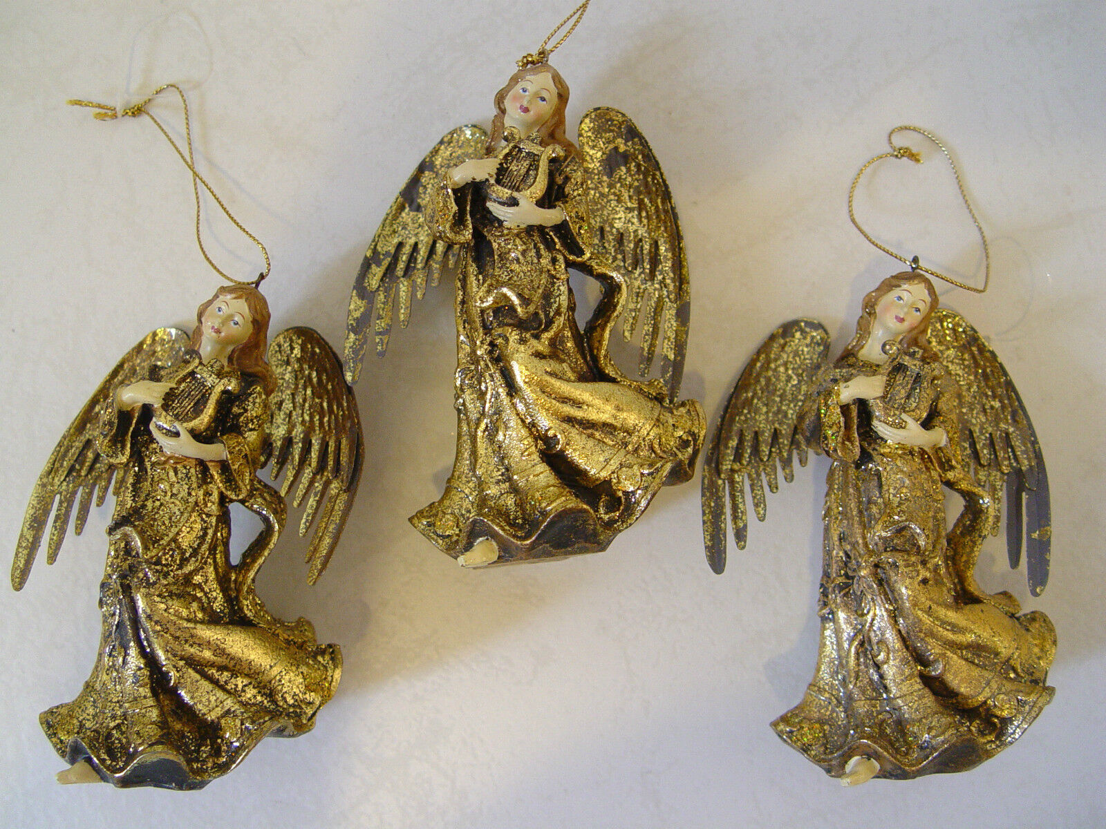 3 NEW GOLD ANGEL PLAYING LYRE ORNAMENTS ANGELS HANGING TREE ORNAMENT