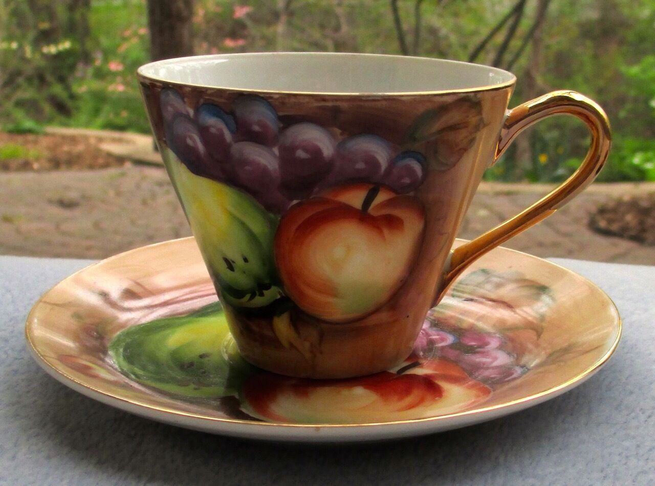 Lefton China Orchard Heritage Fruits Hand Painted Cup and Saucer Set Porcelain
