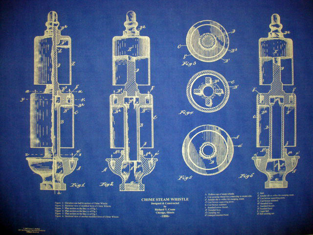Antique Crane Company Brass Steam Whistle Blueprint Plan 19\