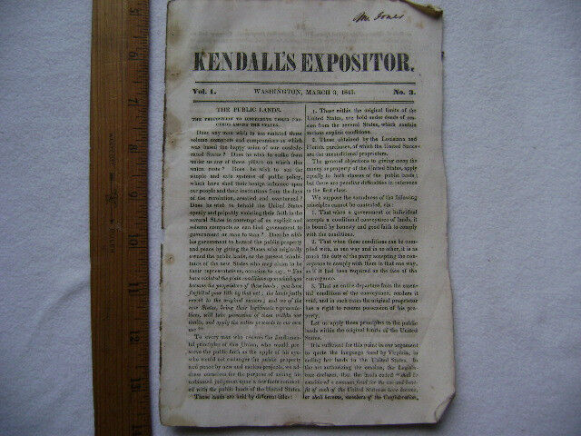 1841 Kendall\'s Expositor Newspaper. Vol. 1, No.3.  Public Lands, Homicides, more