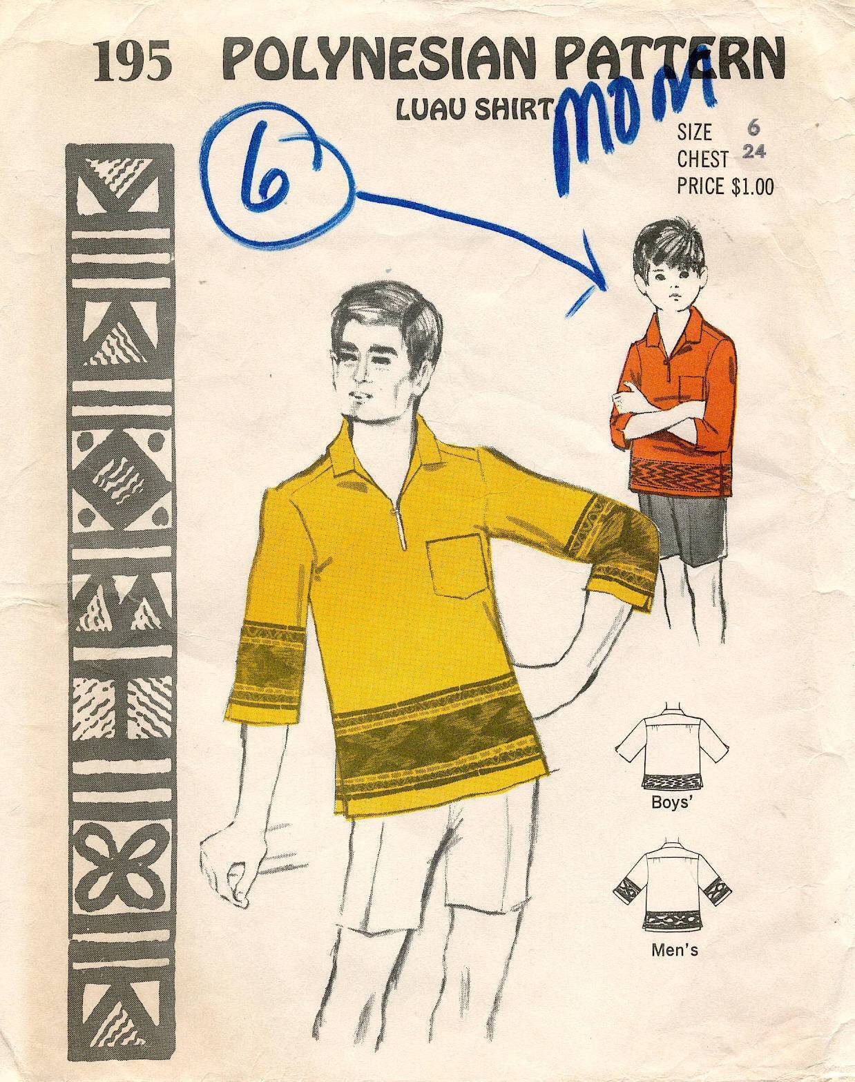 1960\'s VTG Polynesian Boy\'s Luau Shirt Pattern 195 Size 6
