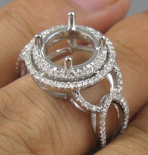 Round Cut 10mm Solid 14K/585 White Gold Natural Diamond Semi Mount Ring 