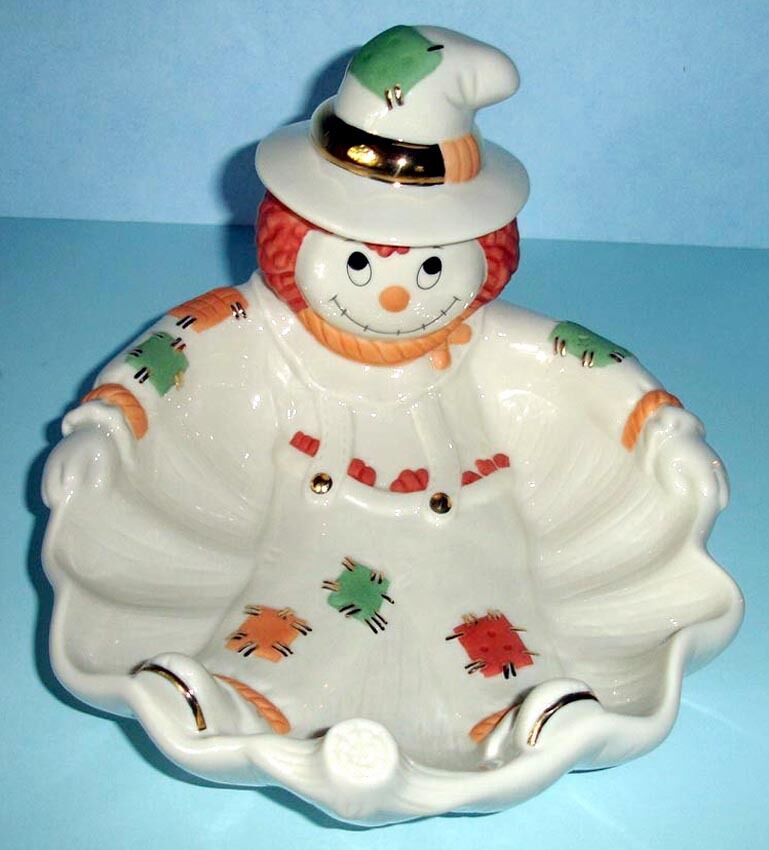 Lenox Halloween SCARECROW Candy Dish Serving Bowl Gold Trim Handpainted New