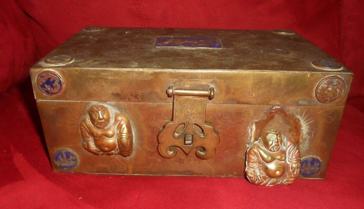 Cloisonne and Buddha Accents  Brass Box  Vintage Wood Lining